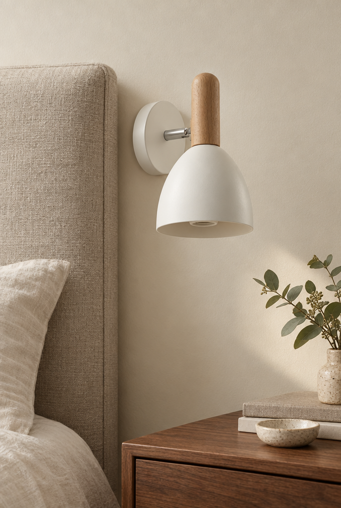 Vägglampa med trädetalj och rundad metallskärm