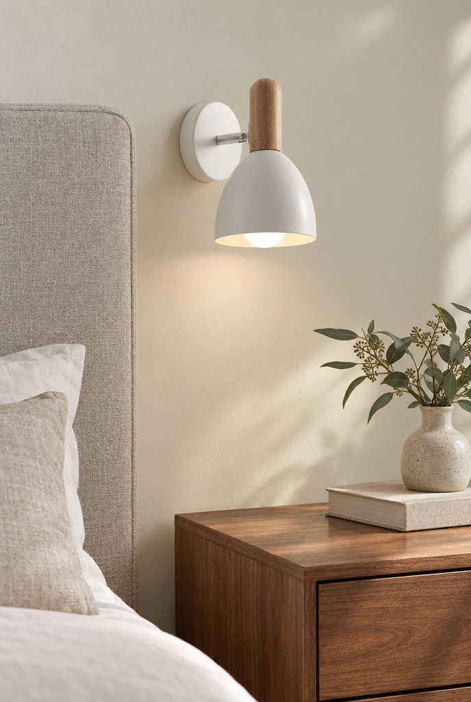 Vägglampa med trädetalj och rundad metallskärm