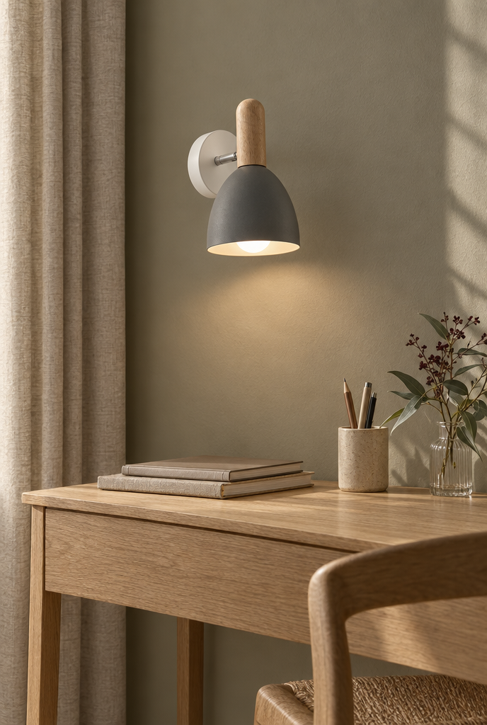 Vägglampa med trädetalj och rundad metallskärm