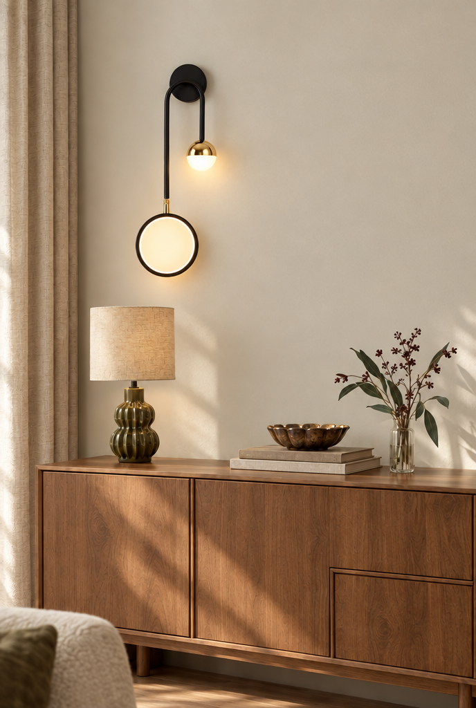 Vägglampa med rund ljusskiva och liten glob