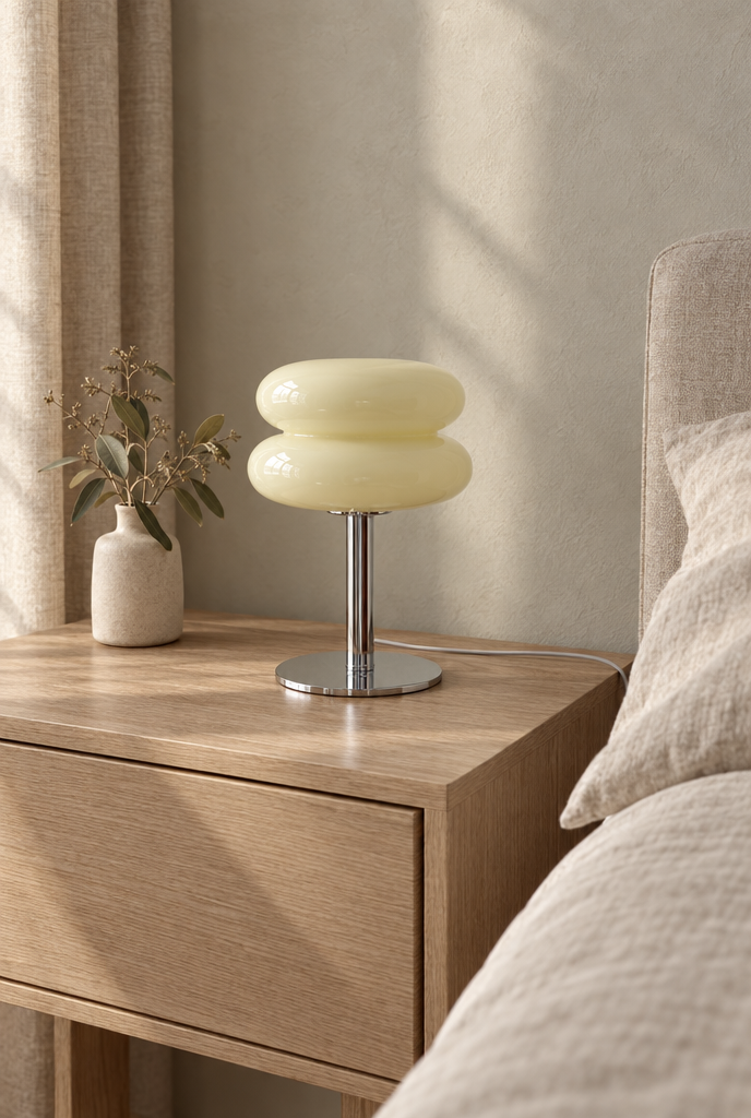 Bordslampa med färgad glasskärm och kromfot