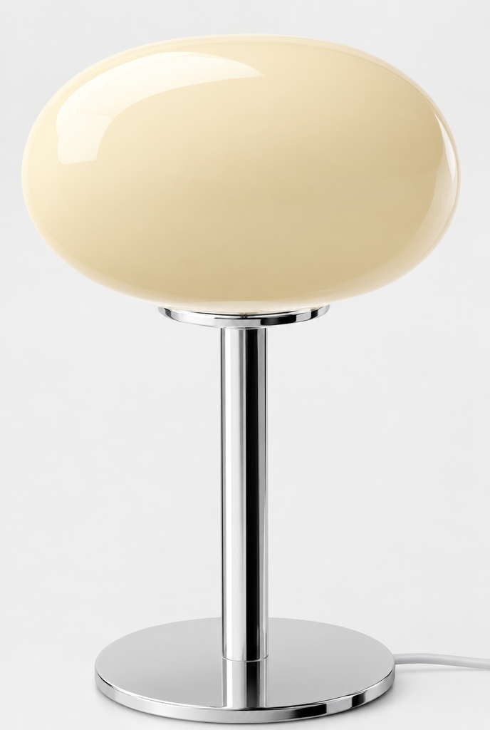 Bordslampa med färgad glasskärm och kromfot