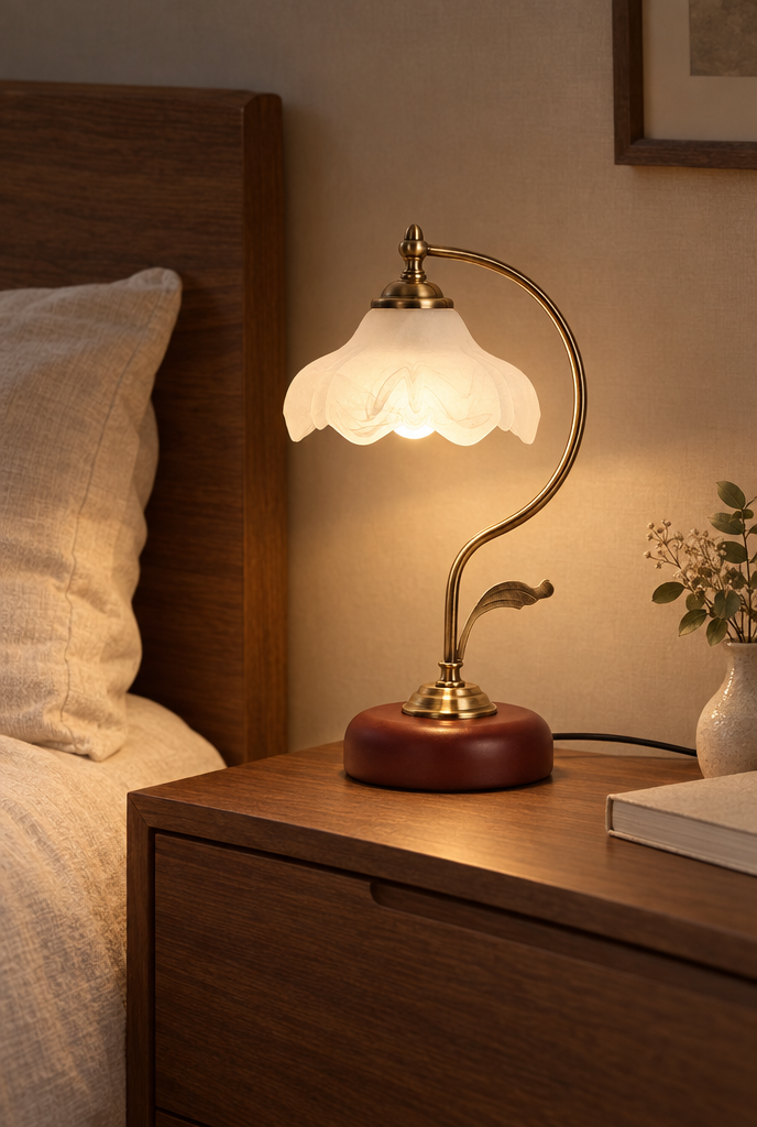 Bordslampa med blomformad glaskärm och träfot