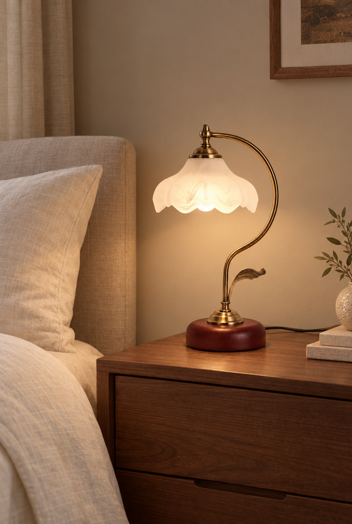 Bordslampa med blomformad glaskärm och träfot