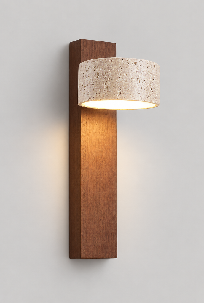 Vägglampa i trä med stenskärm