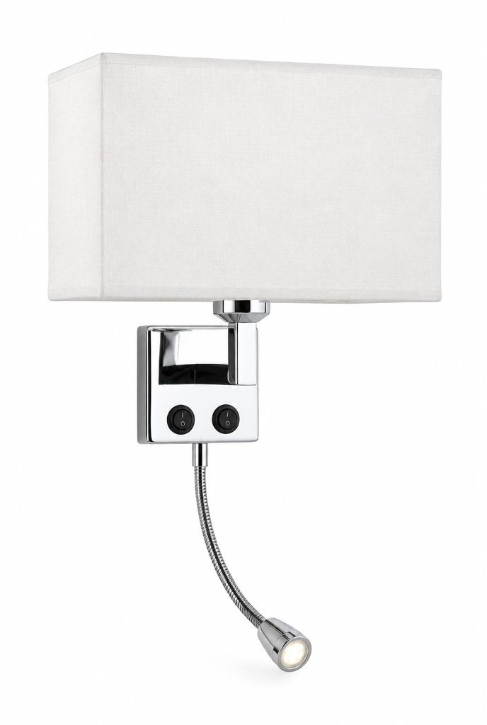 Vägglampa med rektangulär textilskärm – vit bakgrund