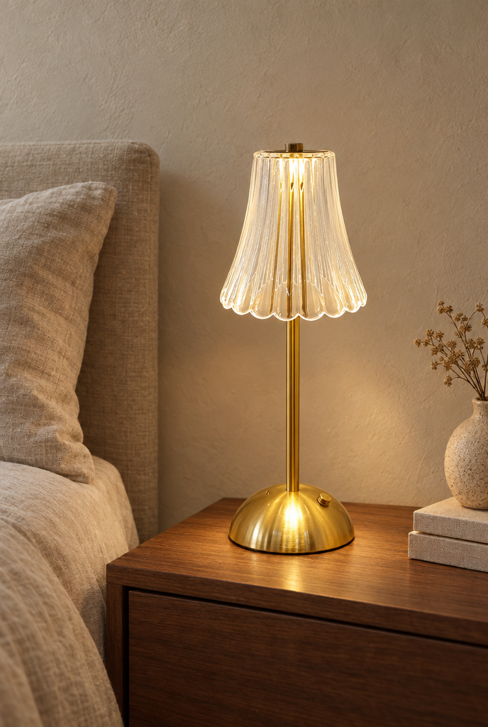 Uppladdningsbar bordslampa med guldfärgad fot