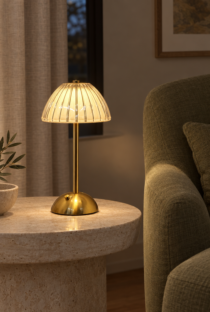 Uppladdningsbar bordslampa med guldfärgad fot