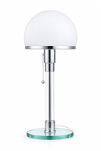 Bordslampa med vit glaskupa, kromdetaljer och glasfot – vit bakgrund