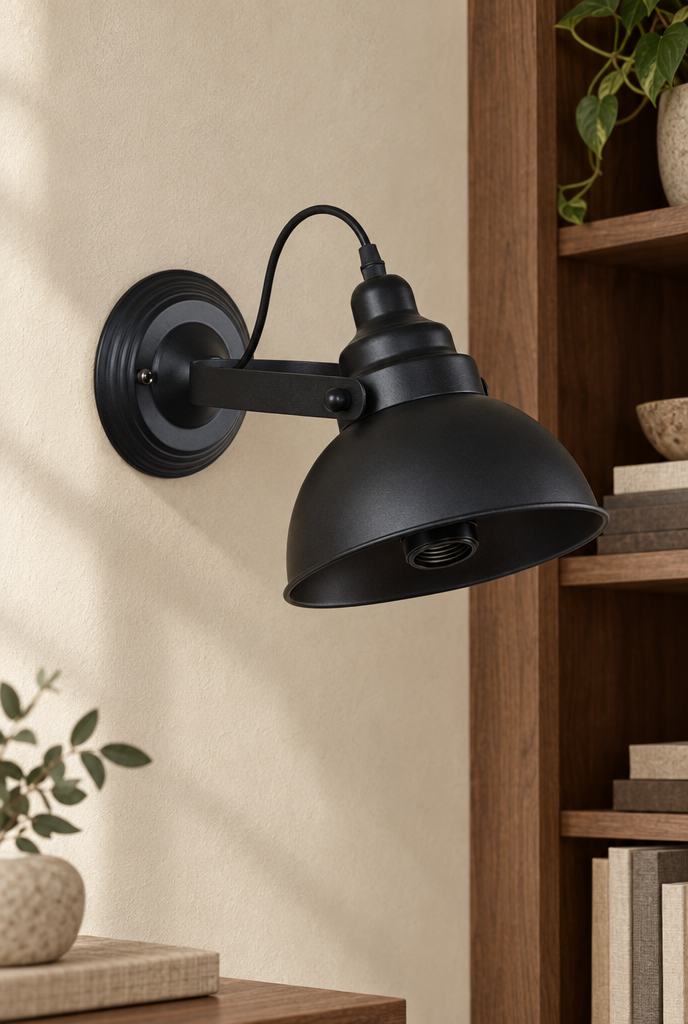 Svart vägglampa med välvd metallskärm