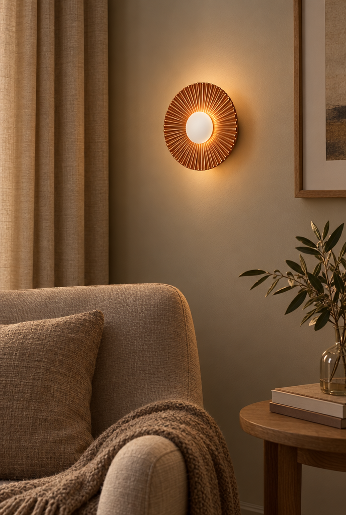 Rund vägglampa med veckad metallskärm