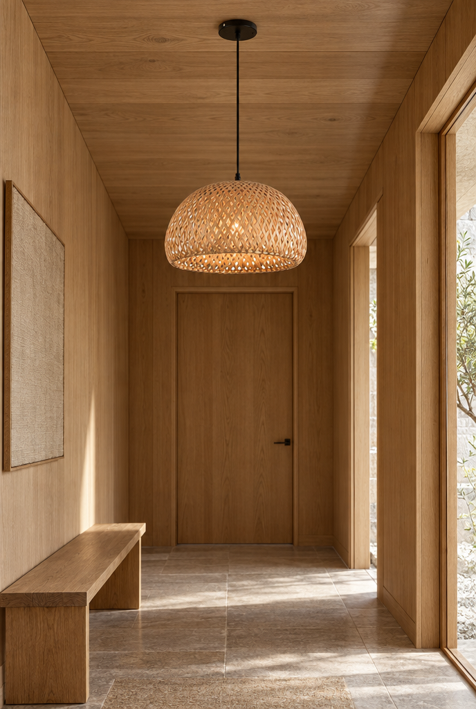Taklampa med flätad bambuskärm