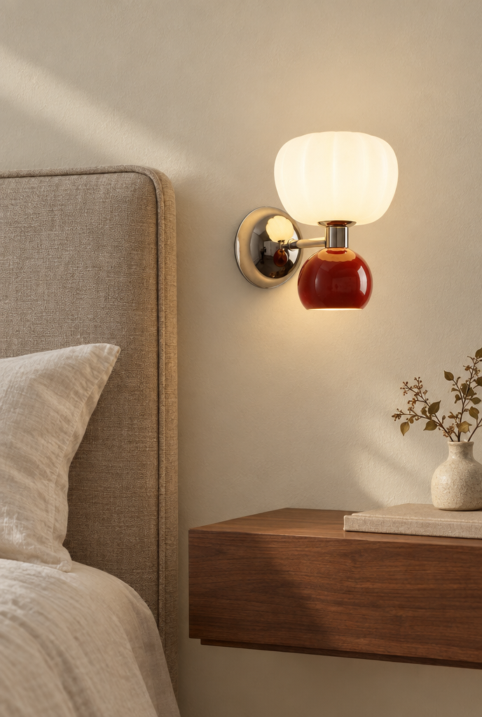 Vägglampa med veckad skärm och färgad detalj