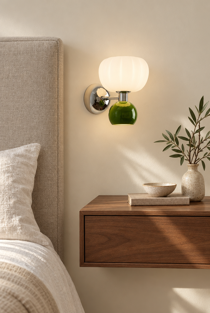 Vägglampa med veckad skärm och färgad detalj