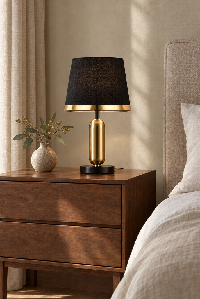 Bordslampa med textilskärm och guldfärgad fot
