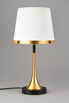 Bordslampa med textilskärm och guldfärgad fot