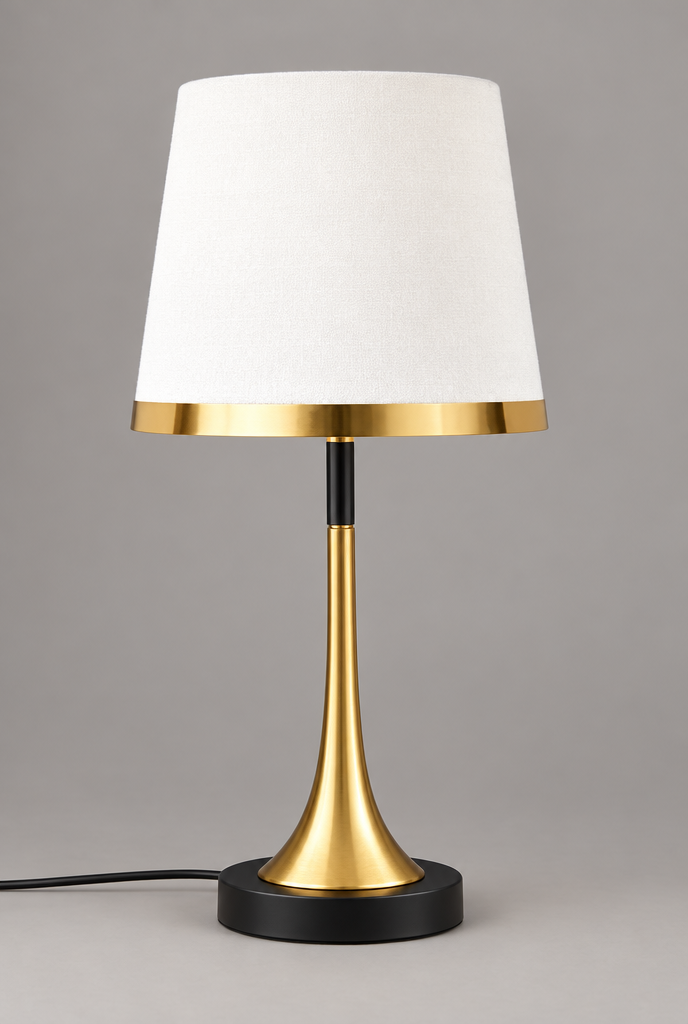 Bordslampa med textilskärm och guldfärgad fot