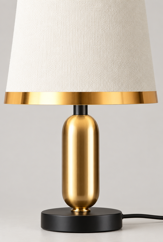 Bordslampa med textilskärm och guldfärgad fot