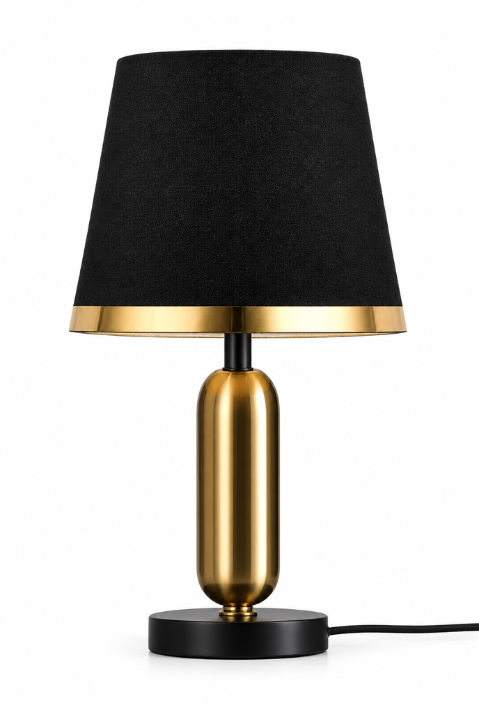 Bordslampa med textilskärm och guldfärgad fot – vit bakgrund